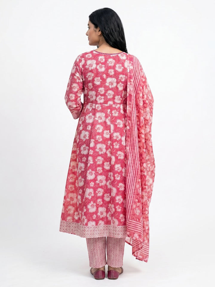 Pink Printed Cotton Blend Straight Round Neck Suit Set
