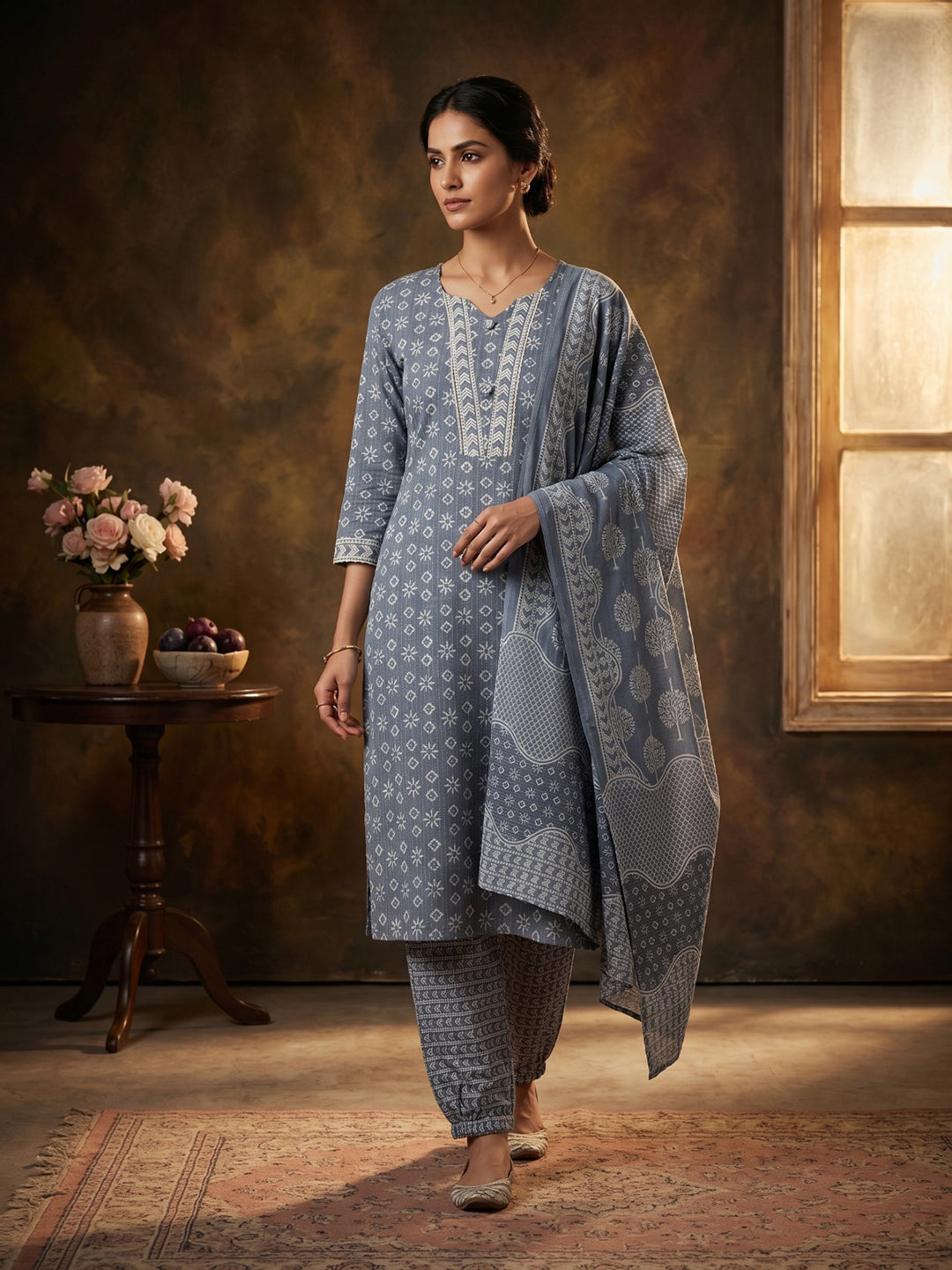 Blue Embroidered Cotton Blend Round Neck Suit Set