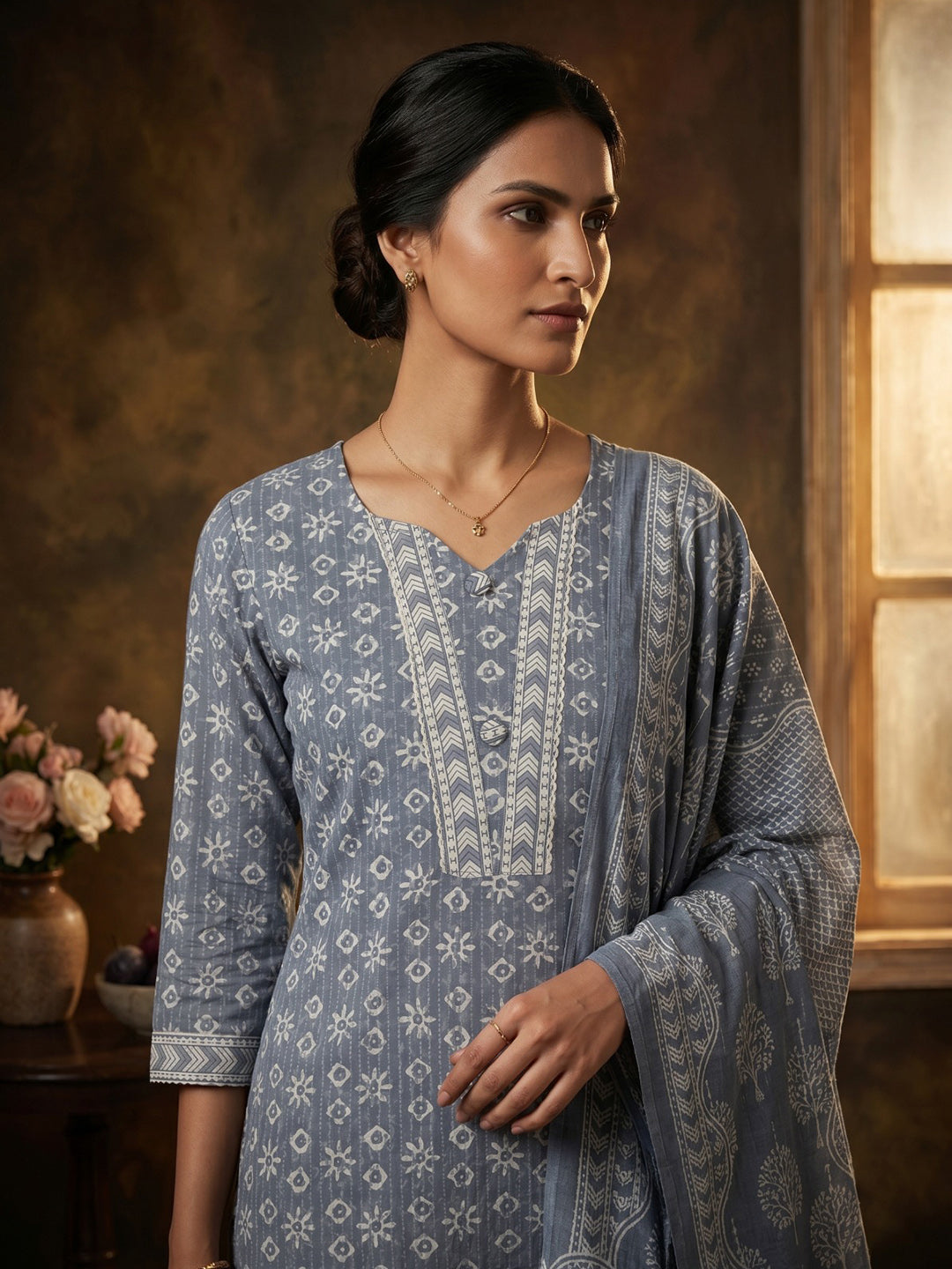 Blue Embroidered Cotton Blend Round Neck Suit Set