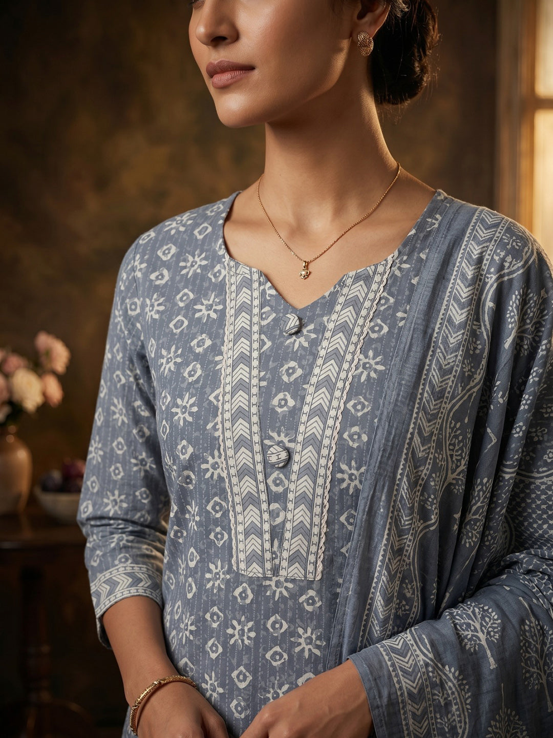 Blue Embroidered Cotton Blend Round Neck Suit Set
