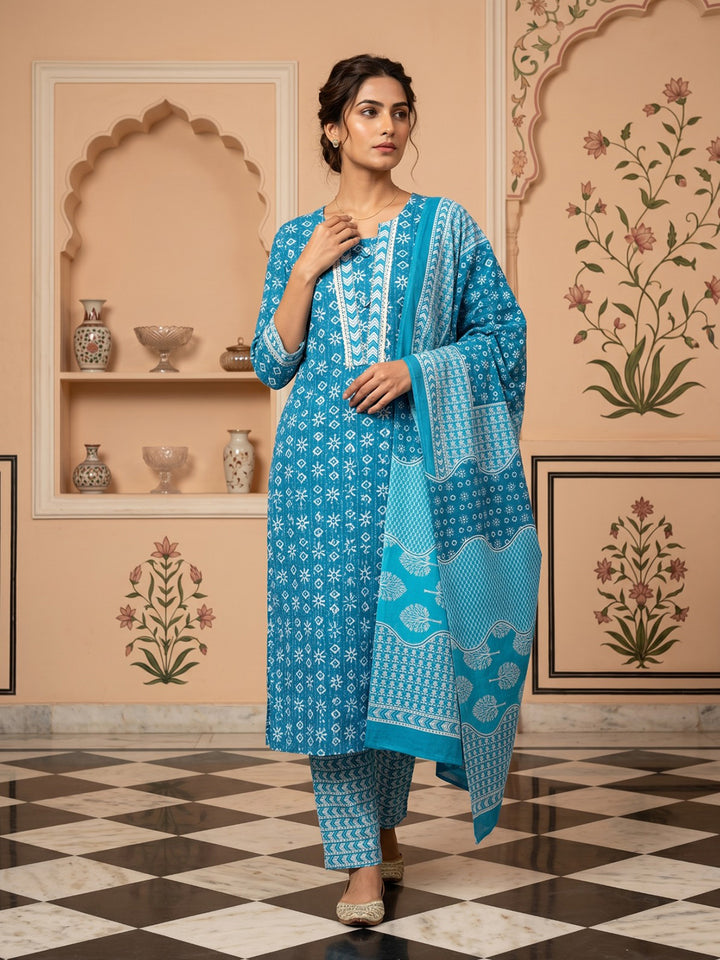 Sky Blue Embroidered Cotton Blend Round Neck Suit Set