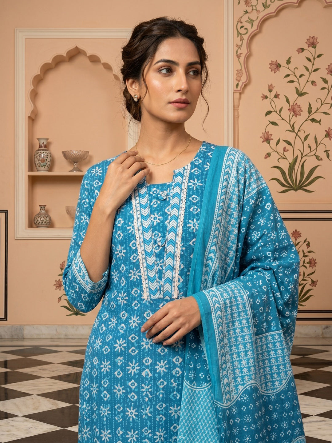 Sky Blue Embroidered Cotton Blend Round Neck Suit Set