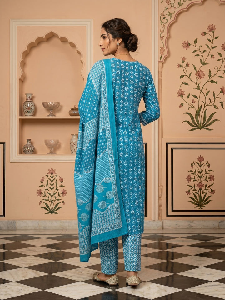 Sky Blue Embroidered Cotton Blend Round Neck Suit Set