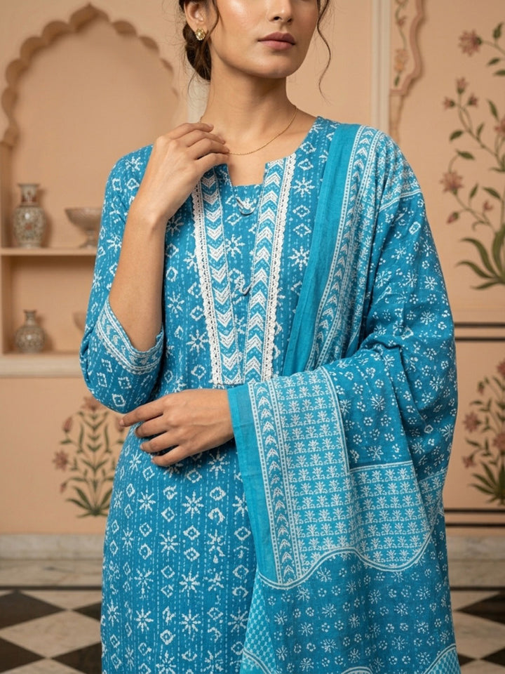 Sky Blue Embroidered Cotton Blend Round Neck Suit Set