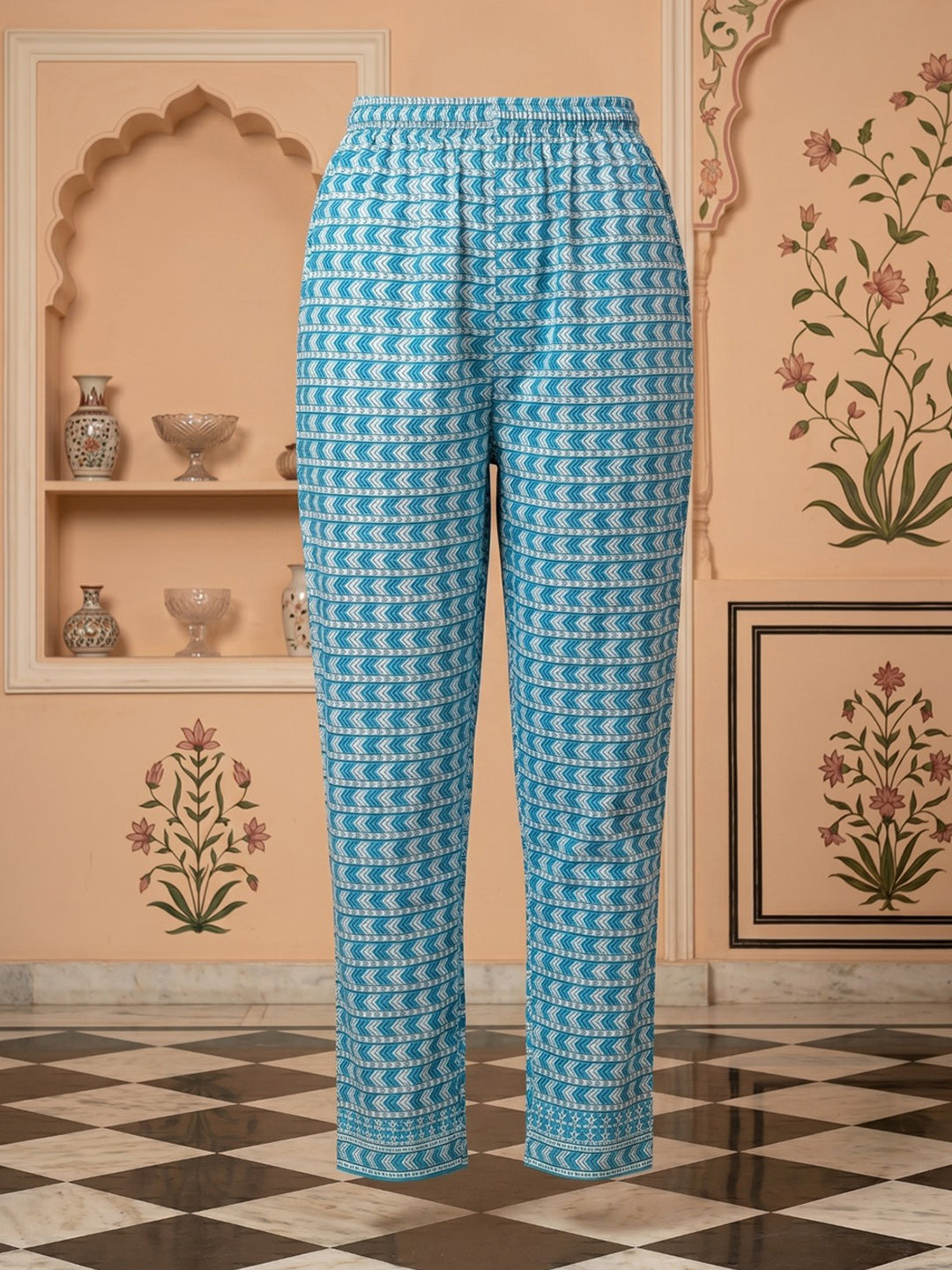 Sky Blue Embroidered Cotton Blend Round Neck Suit Set