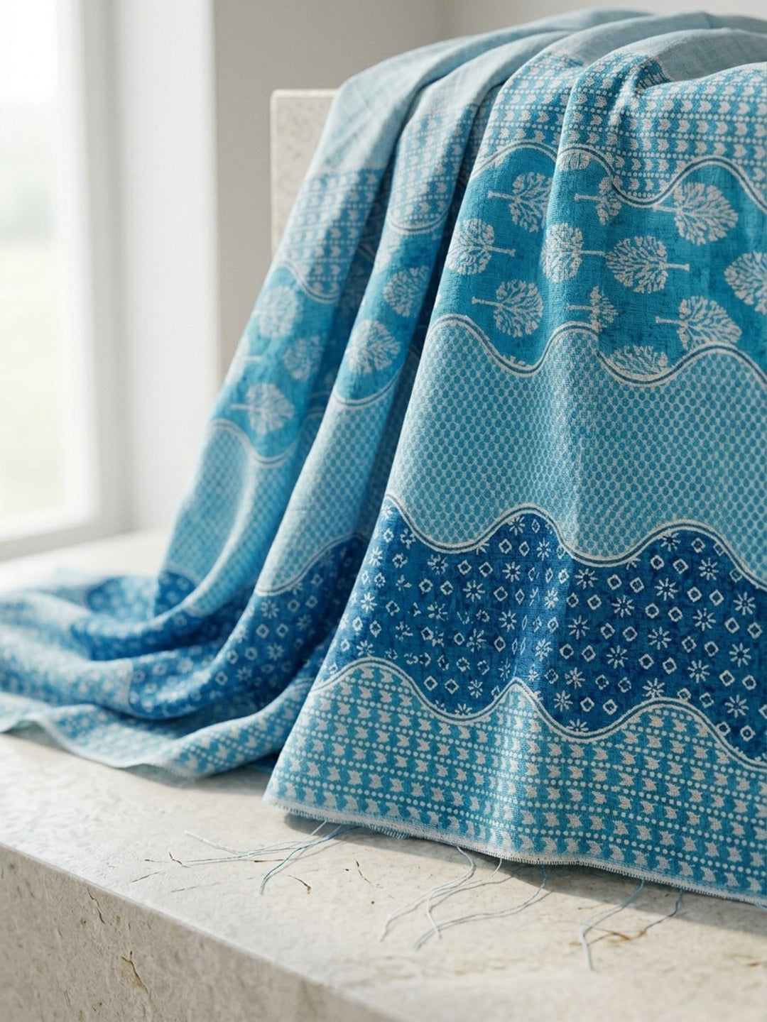 Sky Blue Embroidered Cotton Blend Round Neck Suit Set