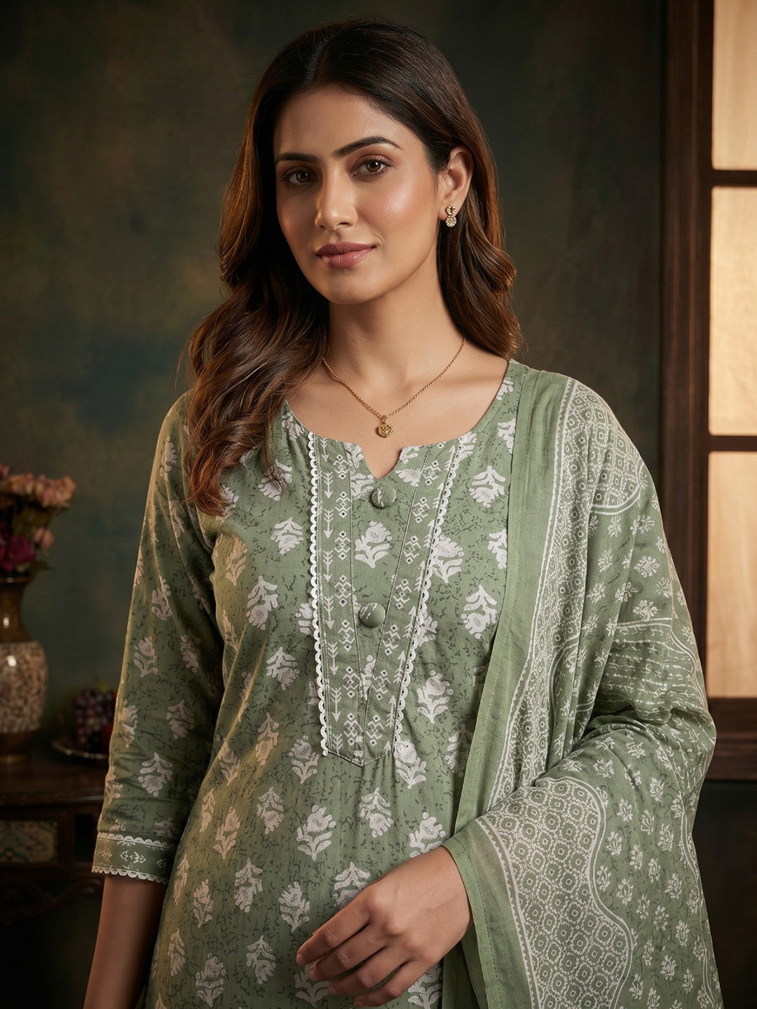 Green Embroidered Cotton Blend Round Neck Suit Set