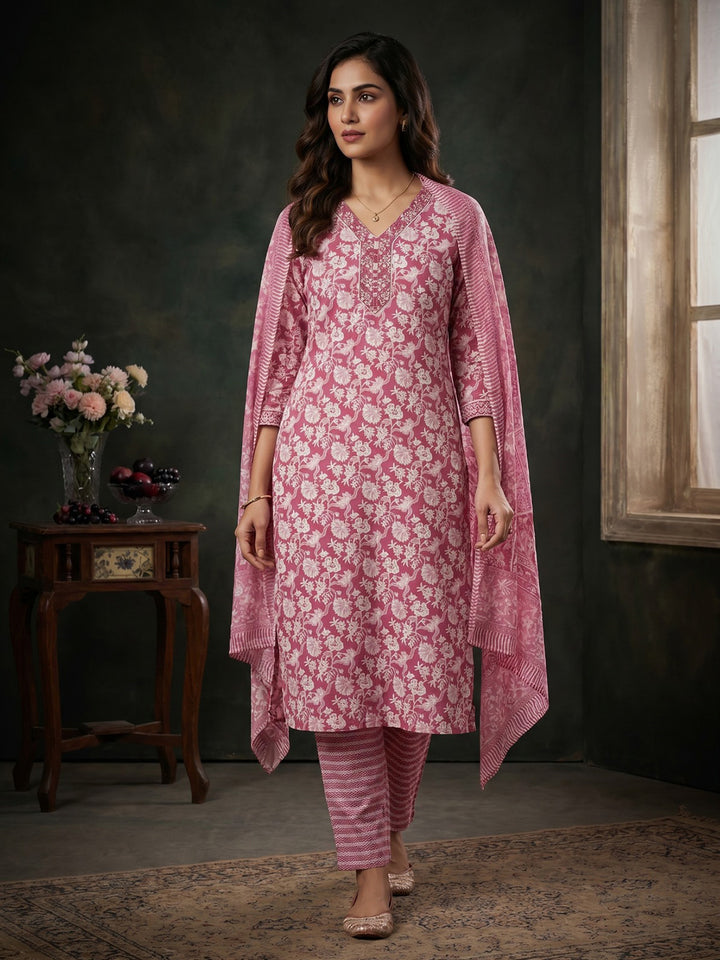 Pink Embroidered Cotton Blend Round Neck Suit Set