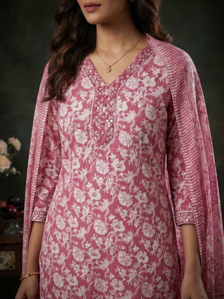 Pink Embroidered Cotton Blend Round Neck Suit Set