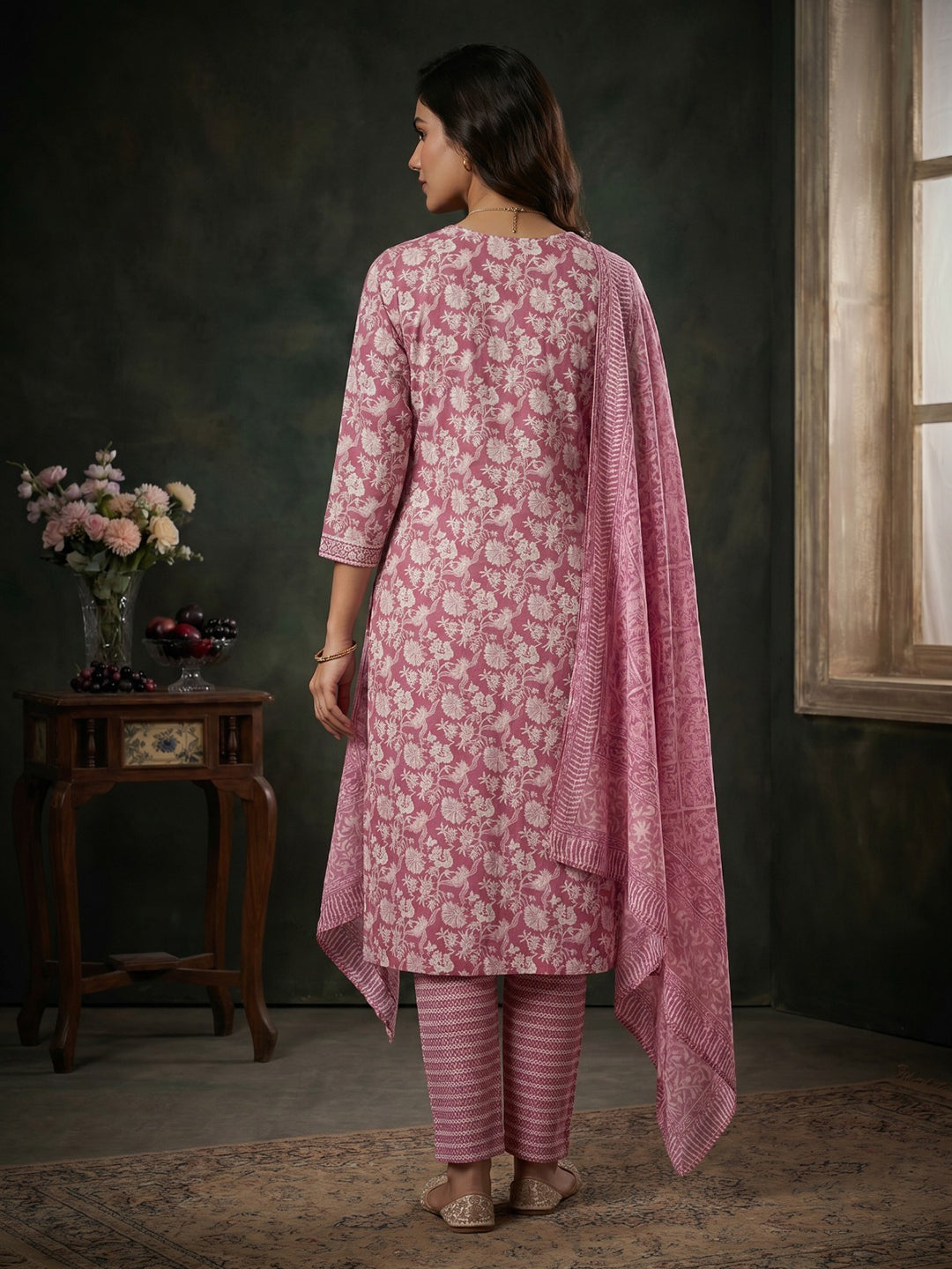 Pink Embroidered Cotton Blend Round Neck Suit Set