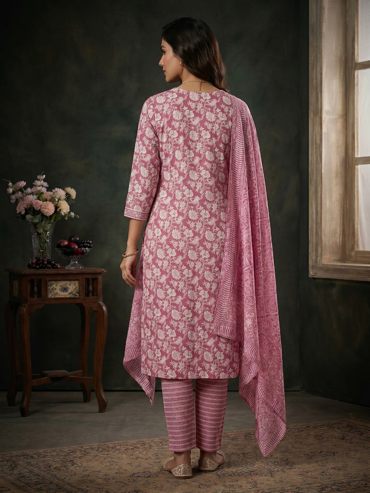 Pink Embroidered Cotton Blend Round Neck Suit Set