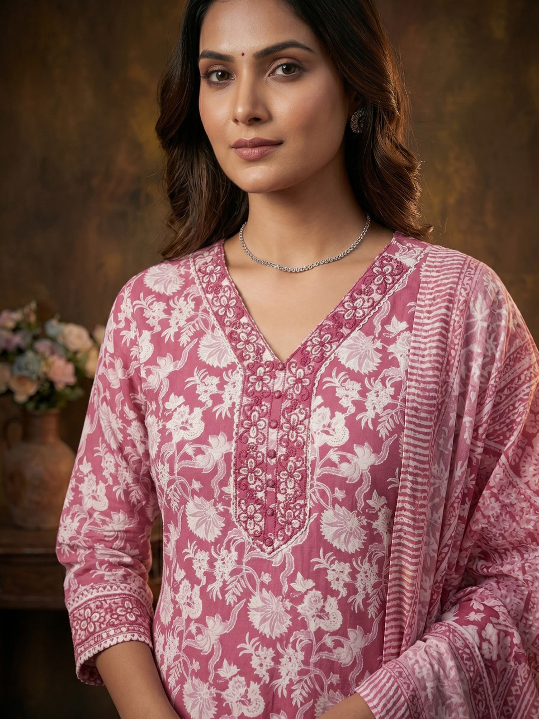 Pink Embroidered Cotton Blend Round Neck Suit Set