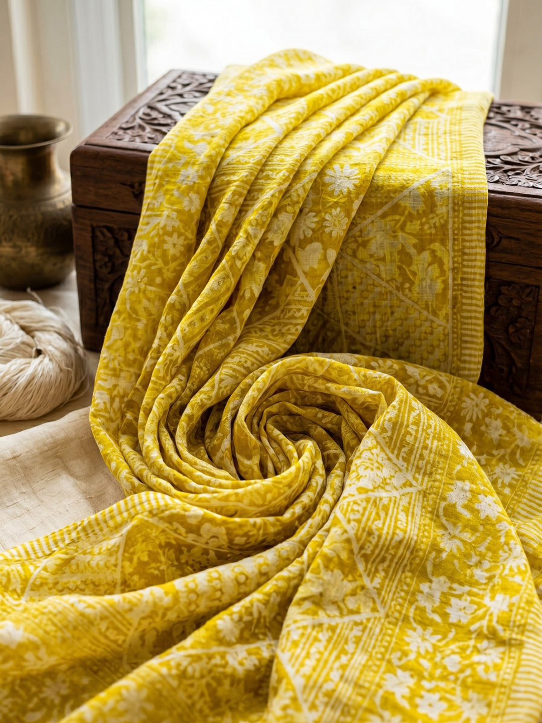 Yellow Embroidered Cotton Blend Round Neck Suit Set
