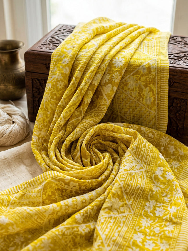 Yellow Embroidered Cotton Blend Round Neck Suit Set