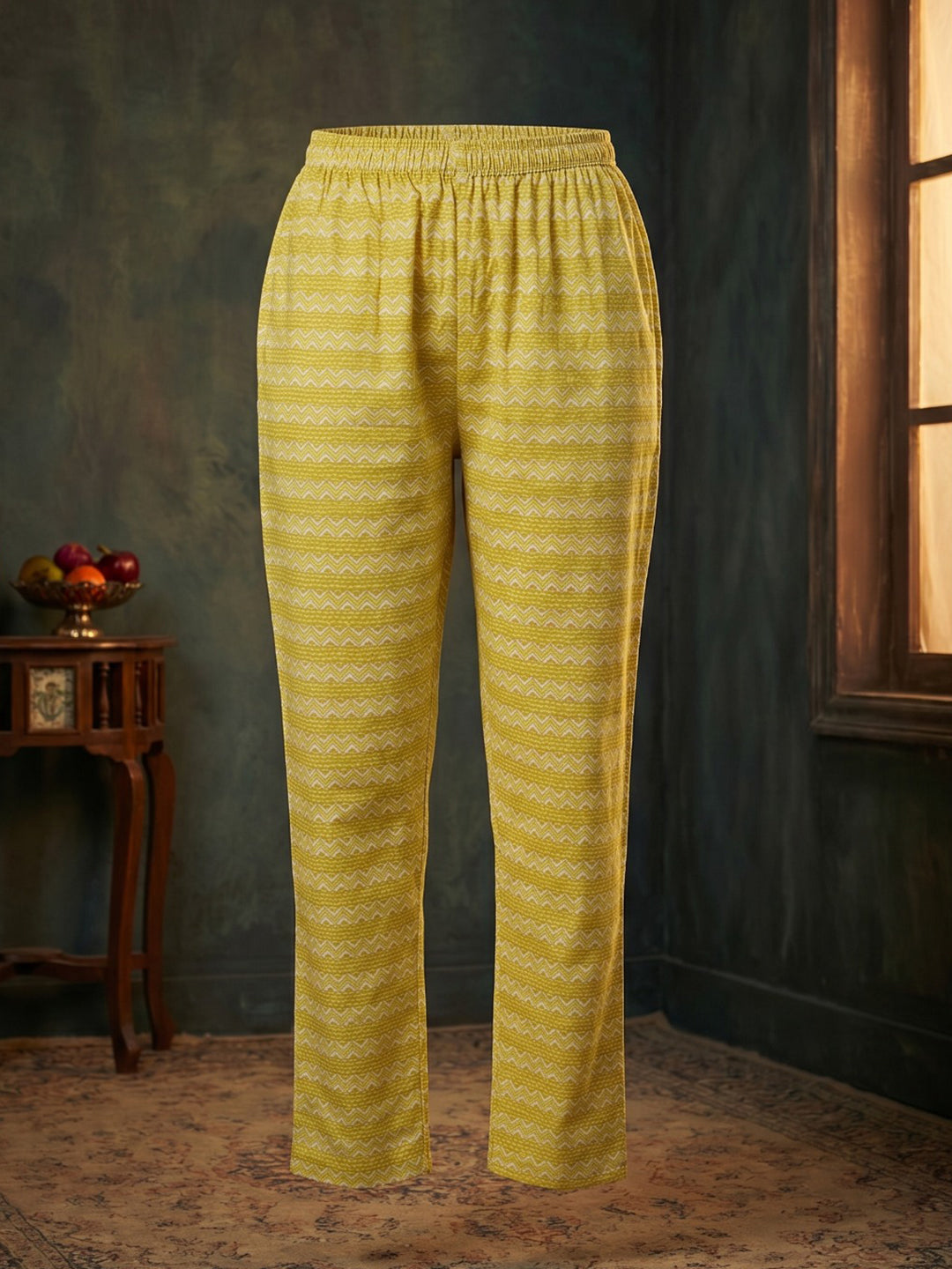 Yellow Embroidered Cotton Blend Round Neck Suit Set