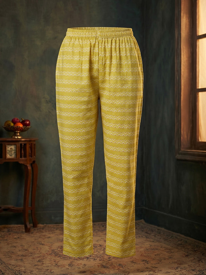 Yellow Embroidered Cotton Blend Round Neck Suit Set