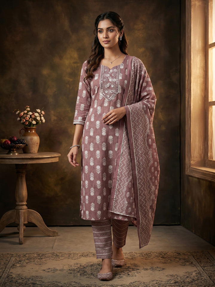 Brown Embroidered Cotton Blend Round Neck Suit Set