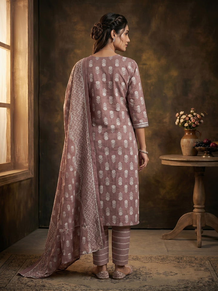 Brown Embroidered Cotton Blend Round Neck Suit Set