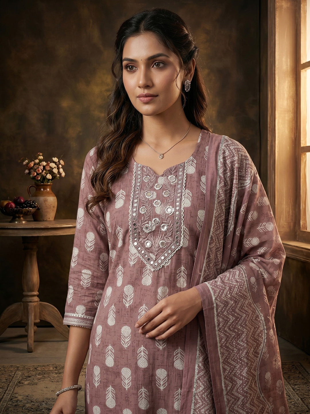 Brown Embroidered Cotton Blend Round Neck Suit Set