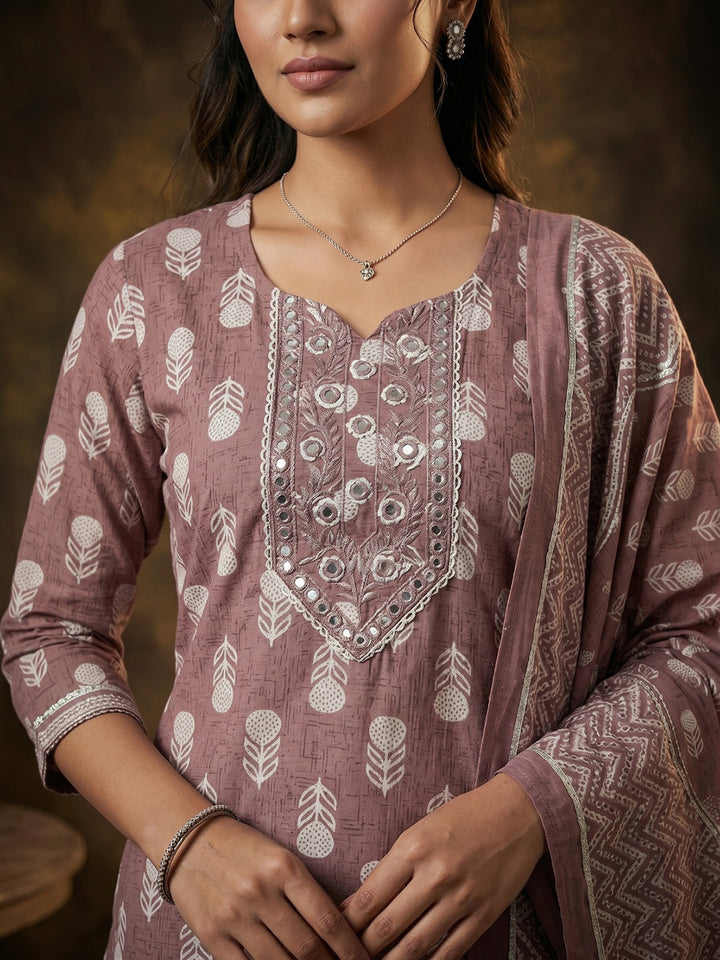 Brown Embroidered Cotton Blend Round Neck Suit Set