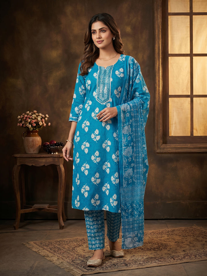 Sky Blue Embroidered Cotton Blend Round Neck Suit Set
