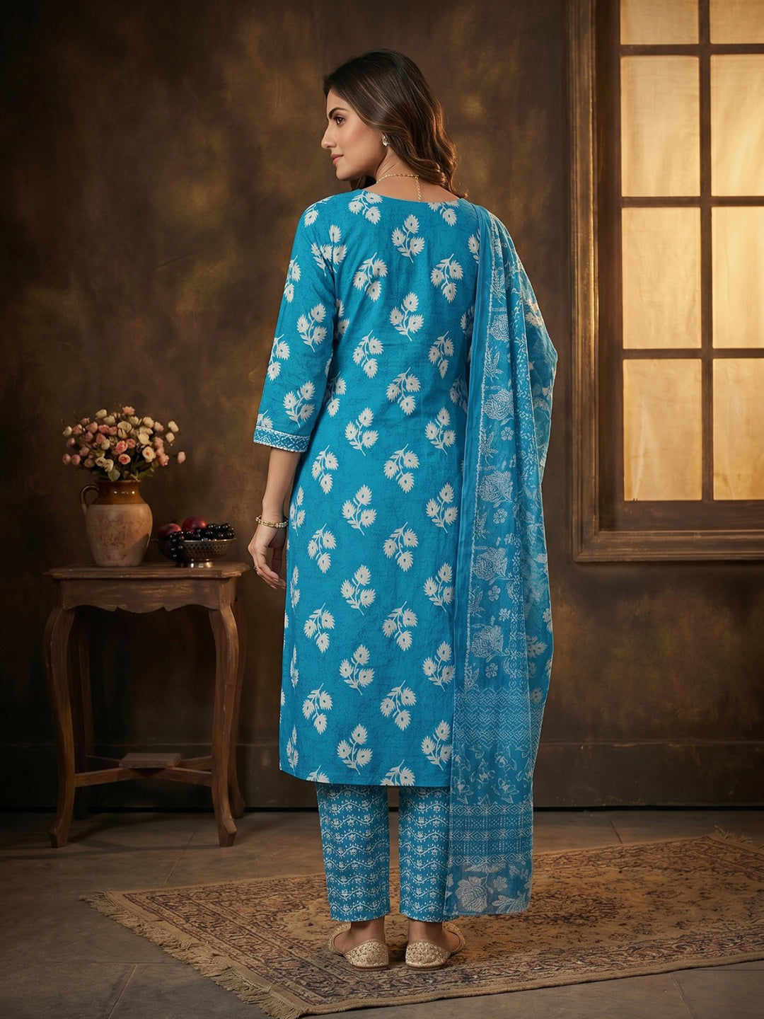 Sky Blue Embroidered Cotton Blend Round Neck Suit Set