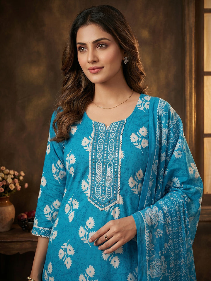Sky Blue Embroidered Cotton Blend Round Neck Suit Set