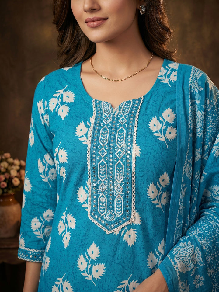 Sky Blue Embroidered Cotton Blend Round Neck Suit Set