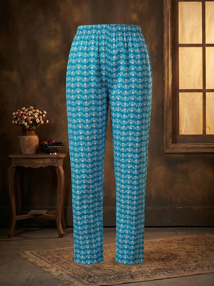 Sky Blue Embroidered Cotton Blend Round Neck Suit Set
