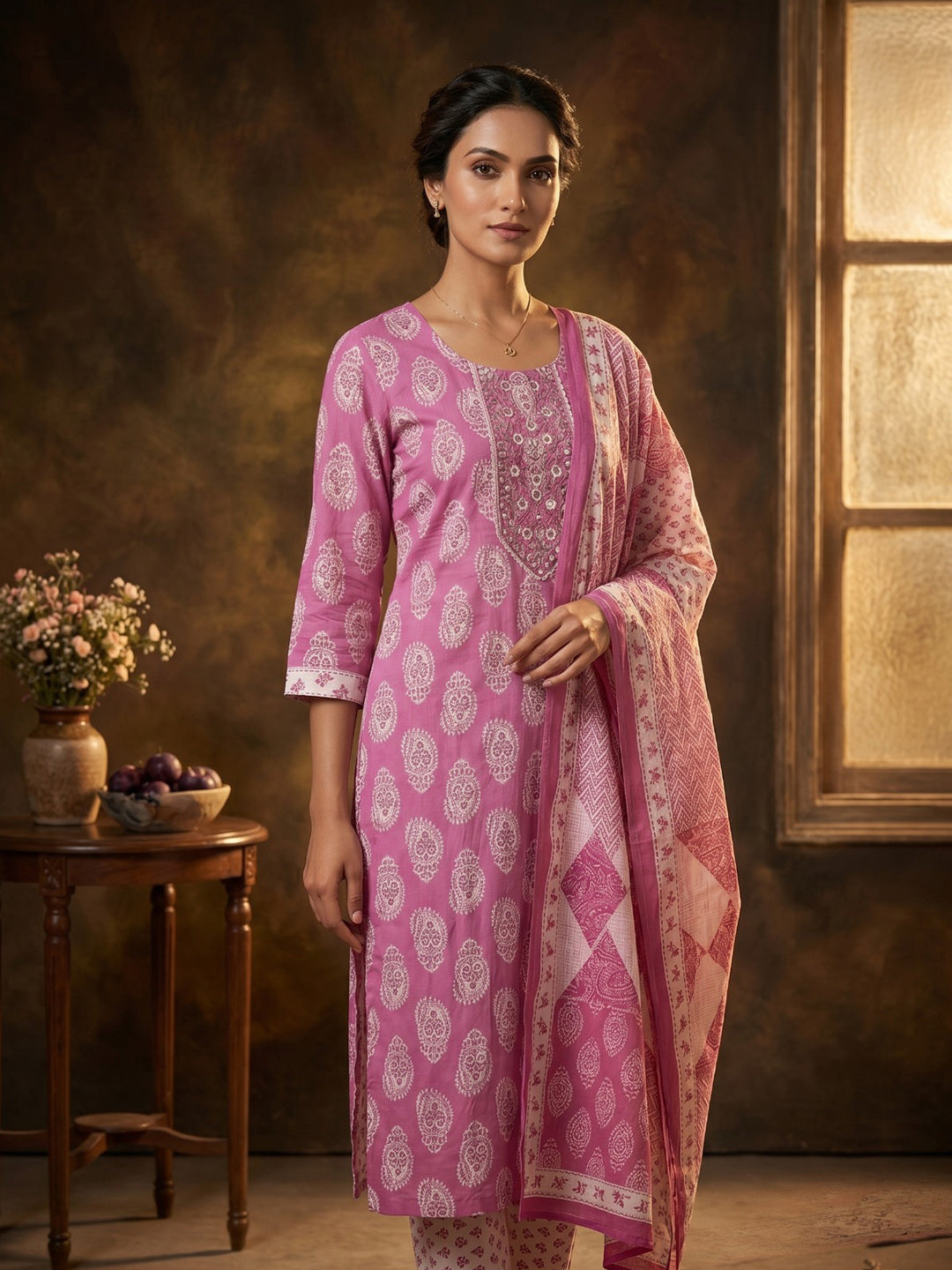 Pink Embroidered Cotton Blend Round Neck Suit Set