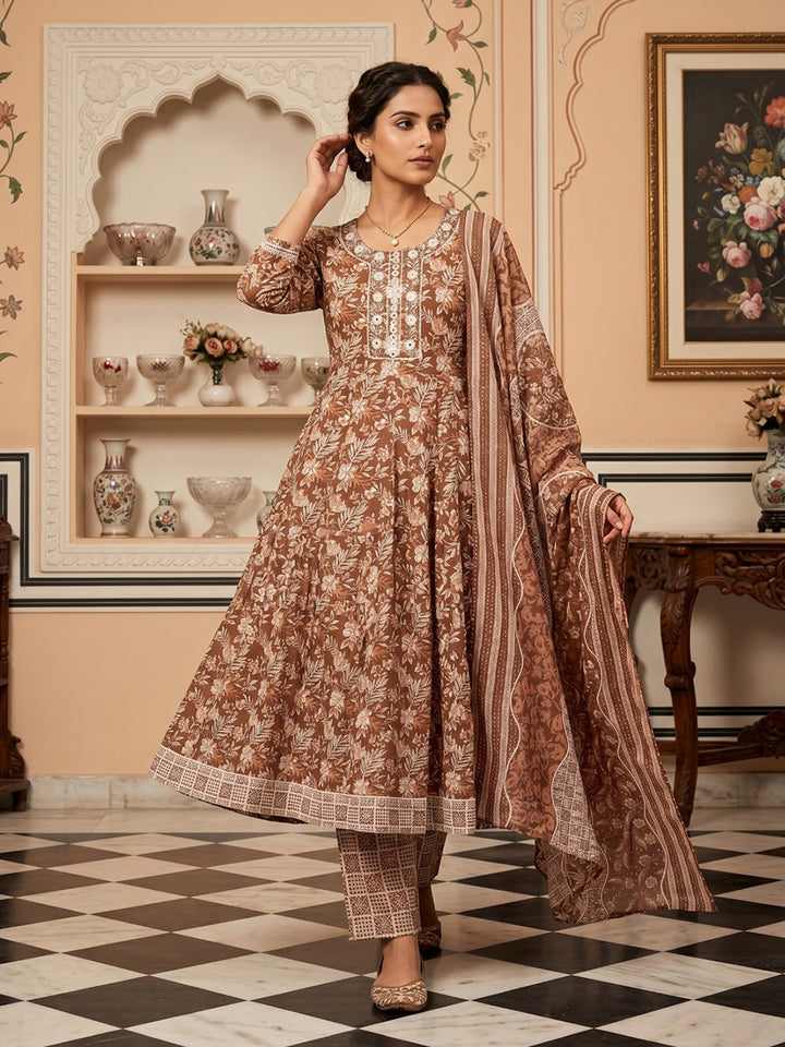 Brown Embroidered Cotton Blend Round Neck Suit Set