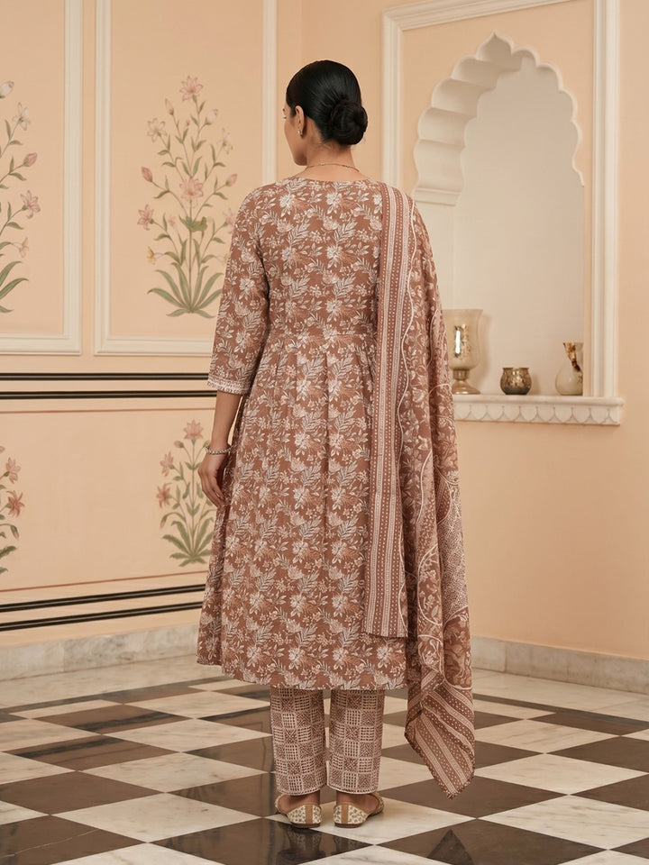 Brown Embroidered Cotton Blend Round Neck Suit Set