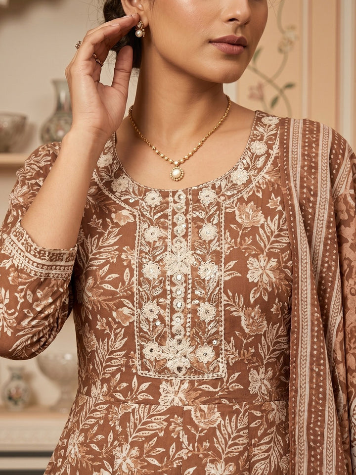 Brown Embroidered Cotton Blend Round Neck Suit Set