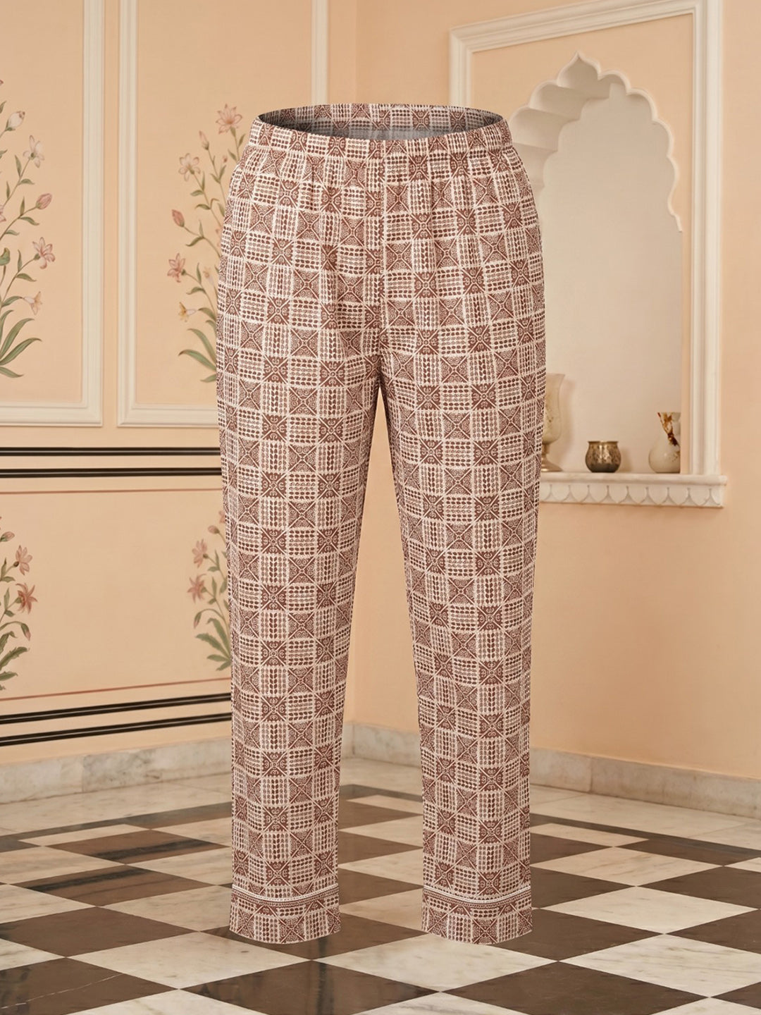 Brown Embroidered Cotton Blend Round Neck Suit Set