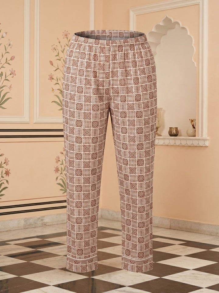 Brown Embroidered Cotton Blend Round Neck Suit Set