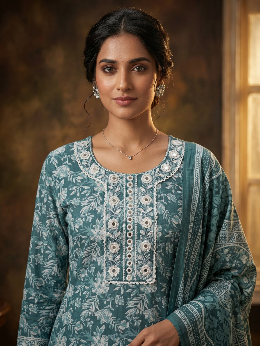 Green Embroidered Cotton Blend Round Neck Suit Set