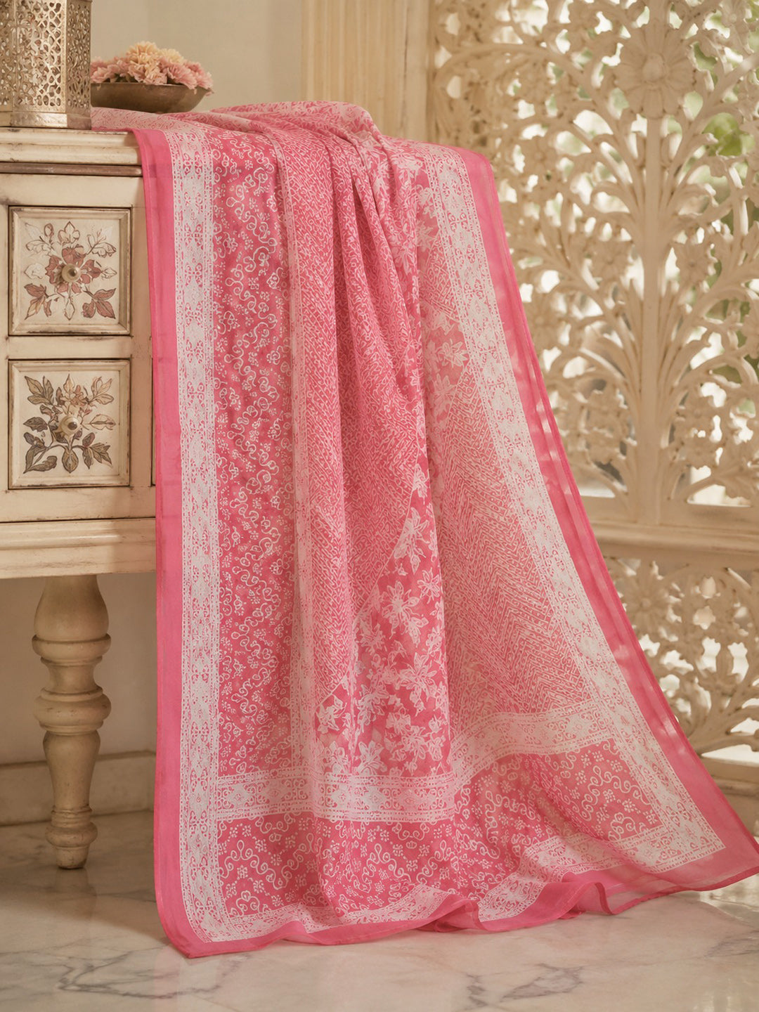 Pink Embroidered Cotton Blend Round Neck Suit Set