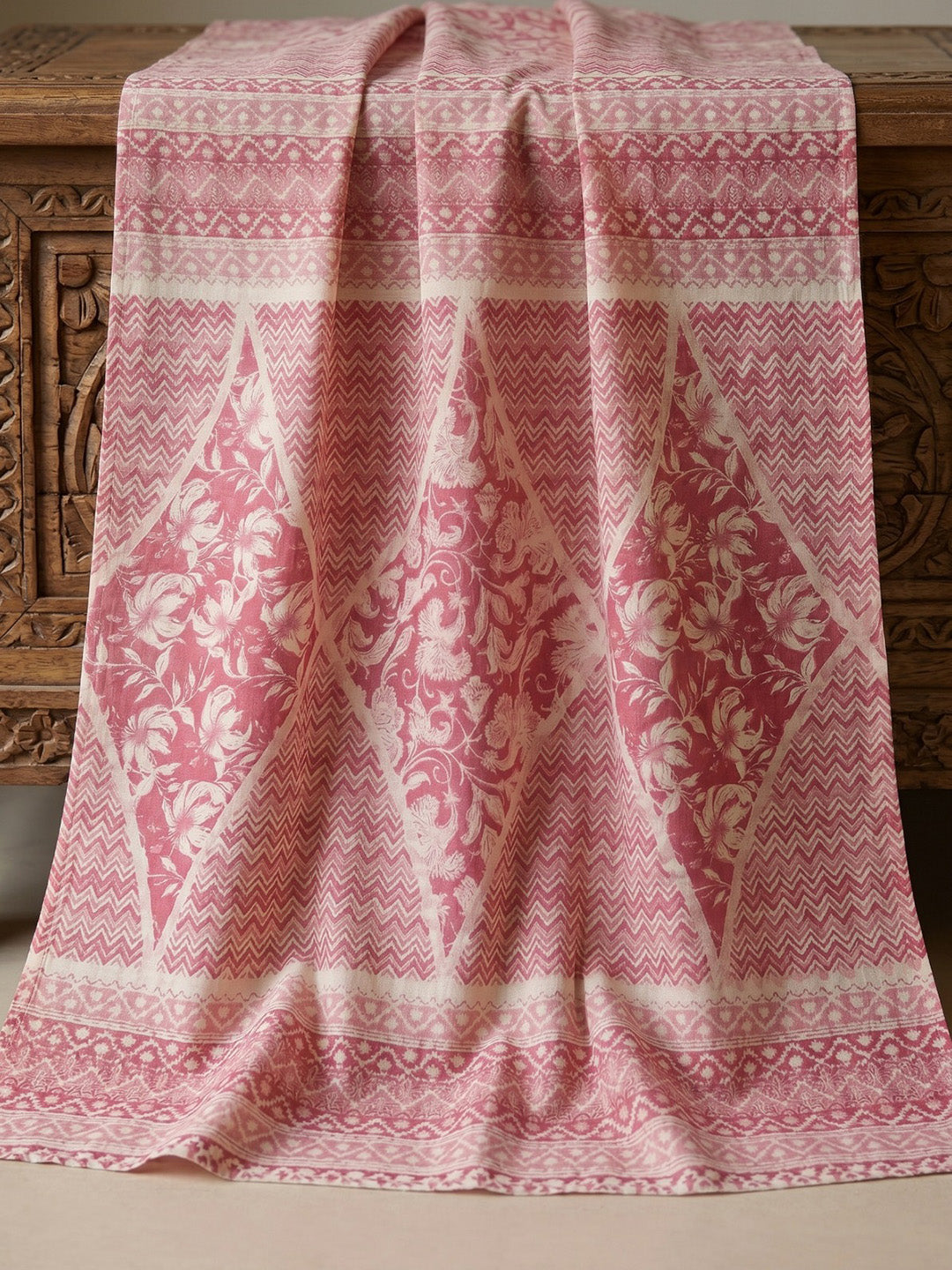Pink Embroidered Cotton Blend Round Neck Suit Set