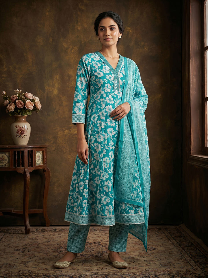 Sky Blue Embroidered Cotton Blend Round Neck Suit Set