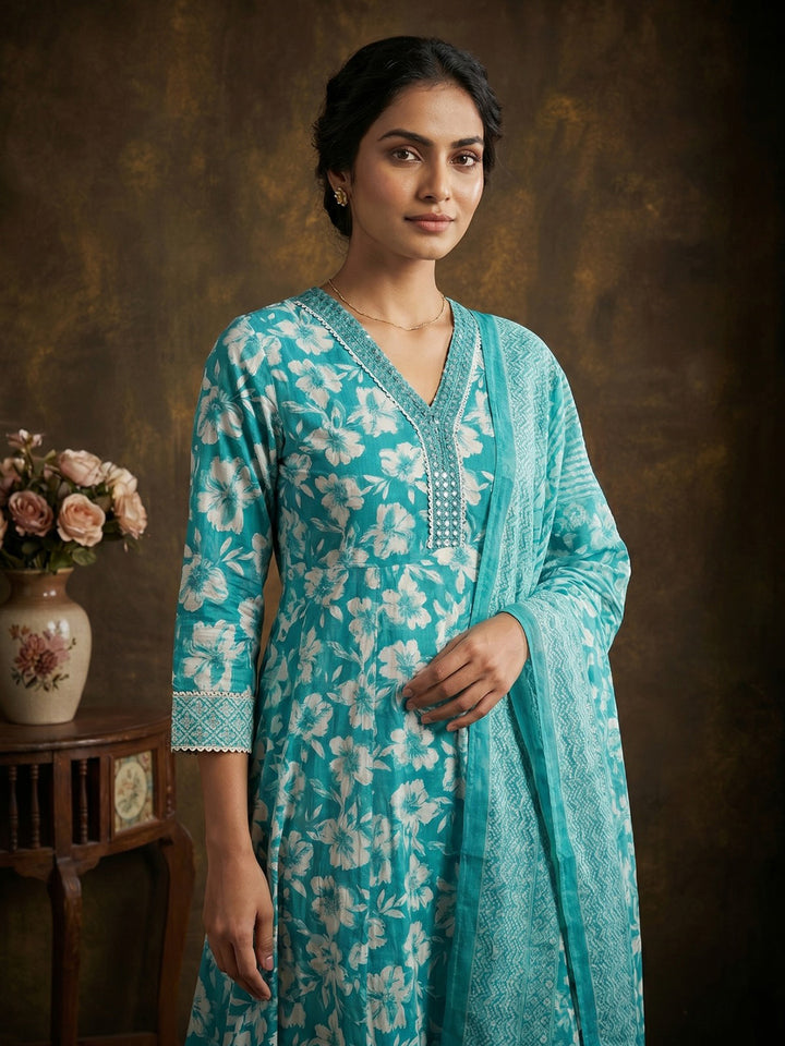 Sky Blue Embroidered Cotton Blend Round Neck Suit Set