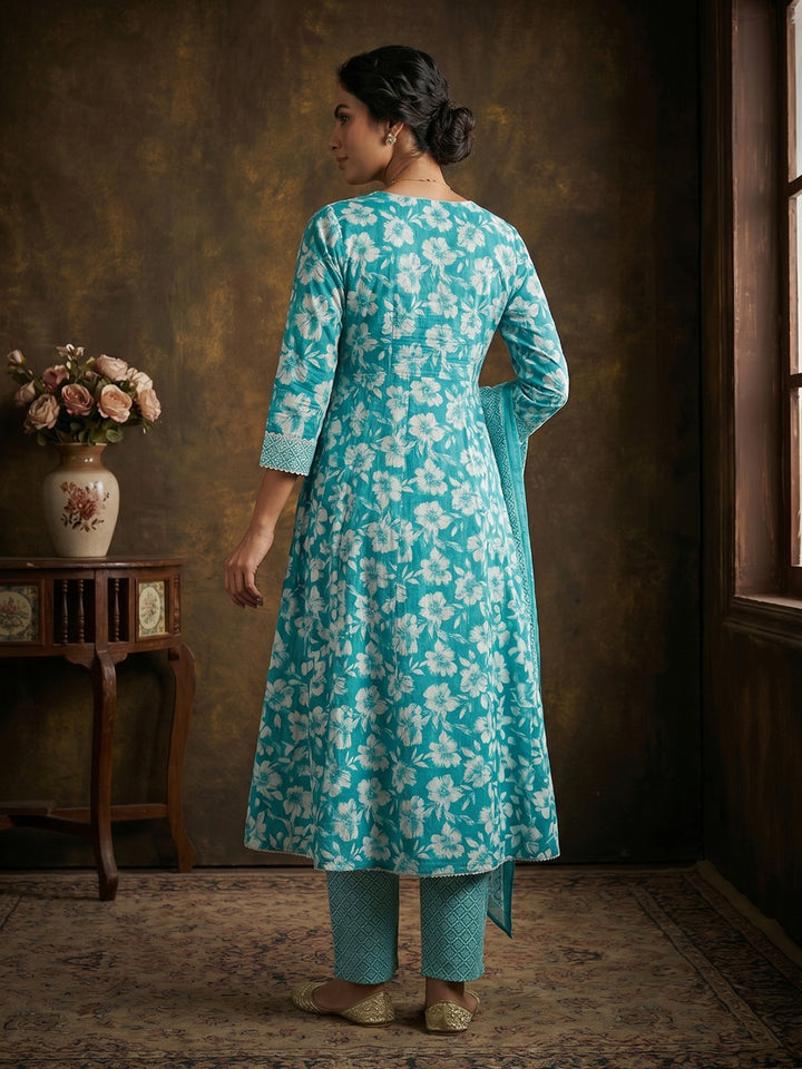 Sky Blue Embroidered Cotton Blend Round Neck Suit Set
