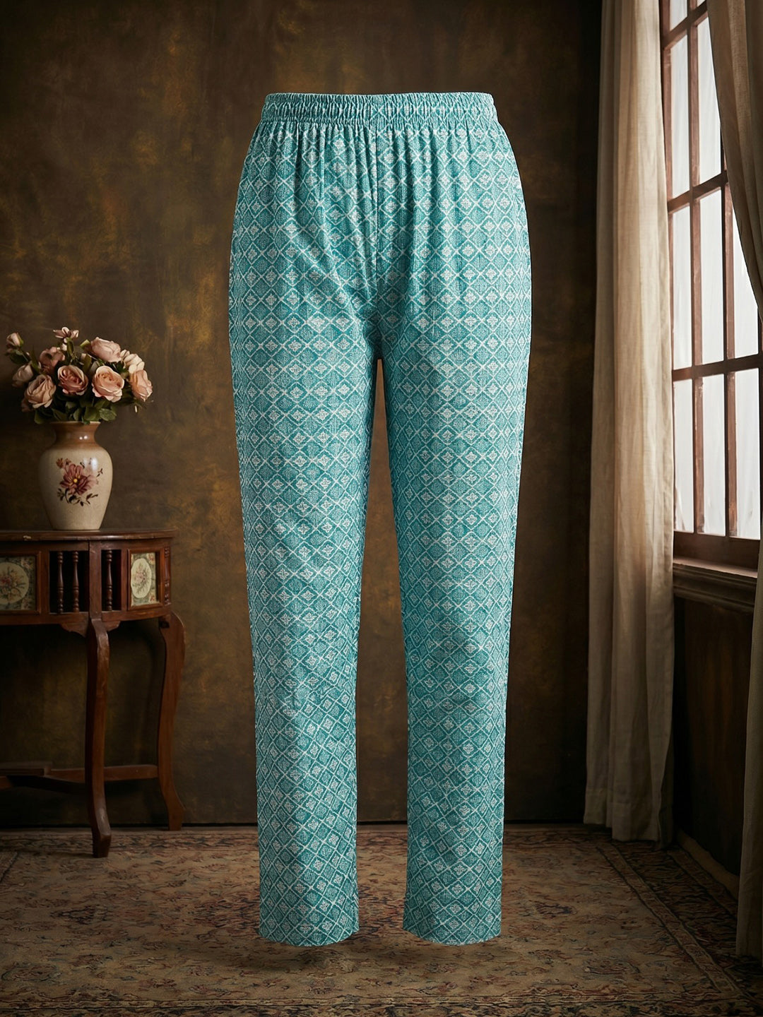 Sky Blue Embroidered Cotton Blend Round Neck Suit Set