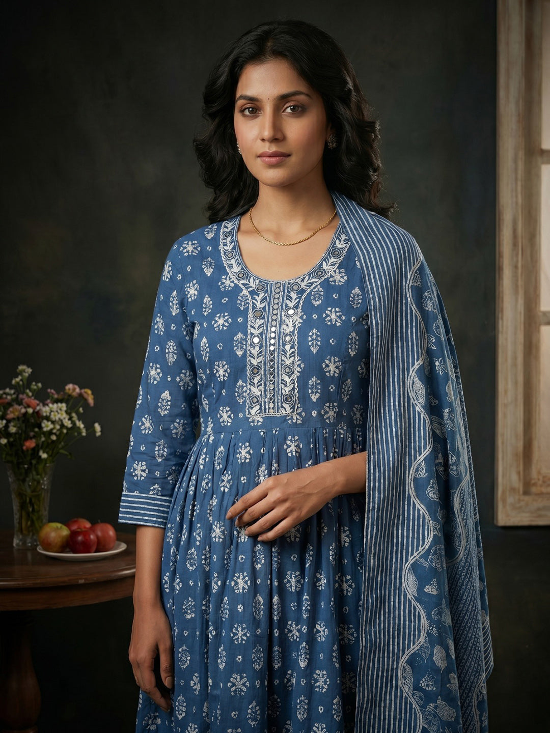 Blue Embroidered Cotton Blend Round Neck Suit Set
