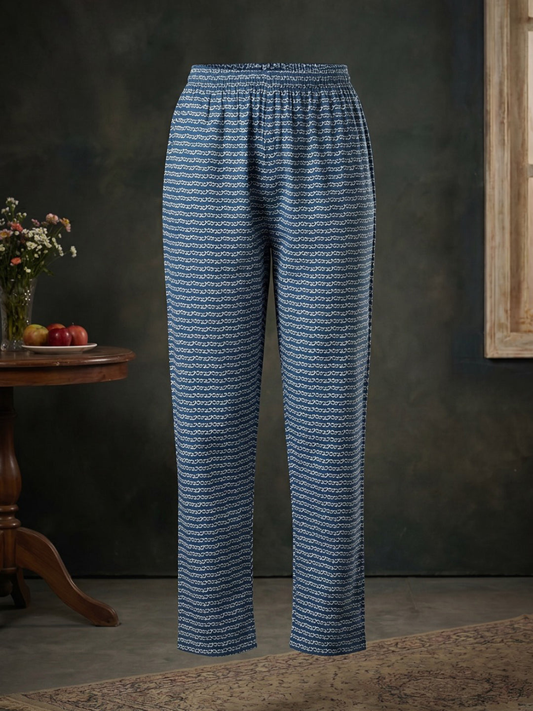 Blue Embroidered Cotton Blend Round Neck Suit Set