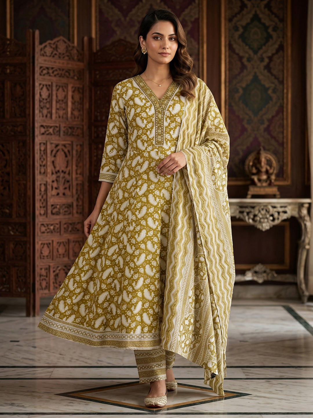 Mehndi Embroidery Cotton Blend Kurta With Pant &amp; Dupatta