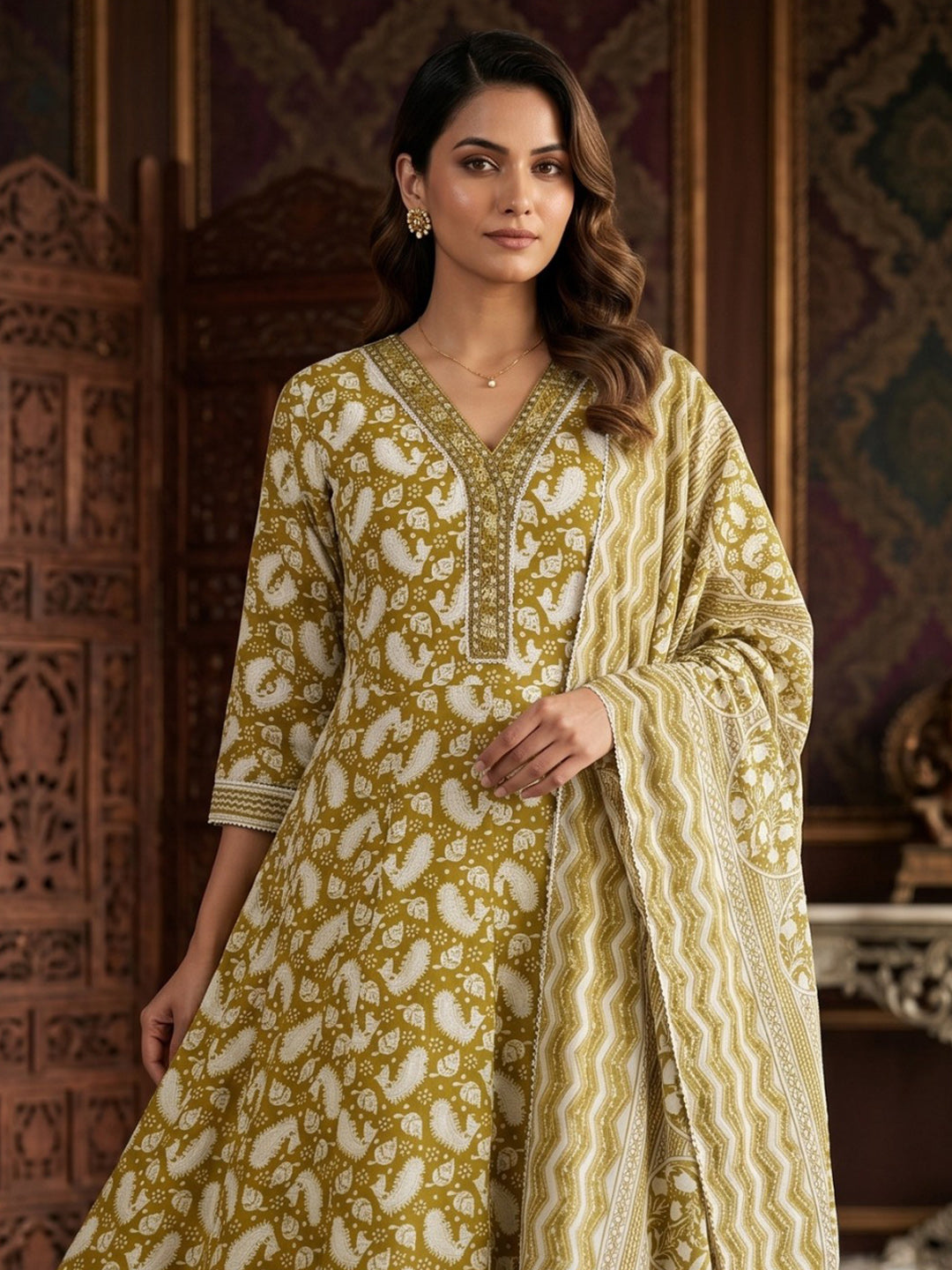 Mehndi Embroidery Cotton Blend Kurta With Pant &amp; Dupatta