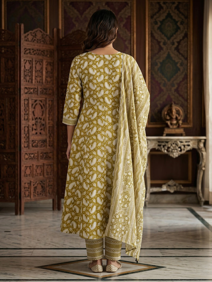 Mehndi Embroidery Cotton Blend Kurta With Pant &amp; Dupatta