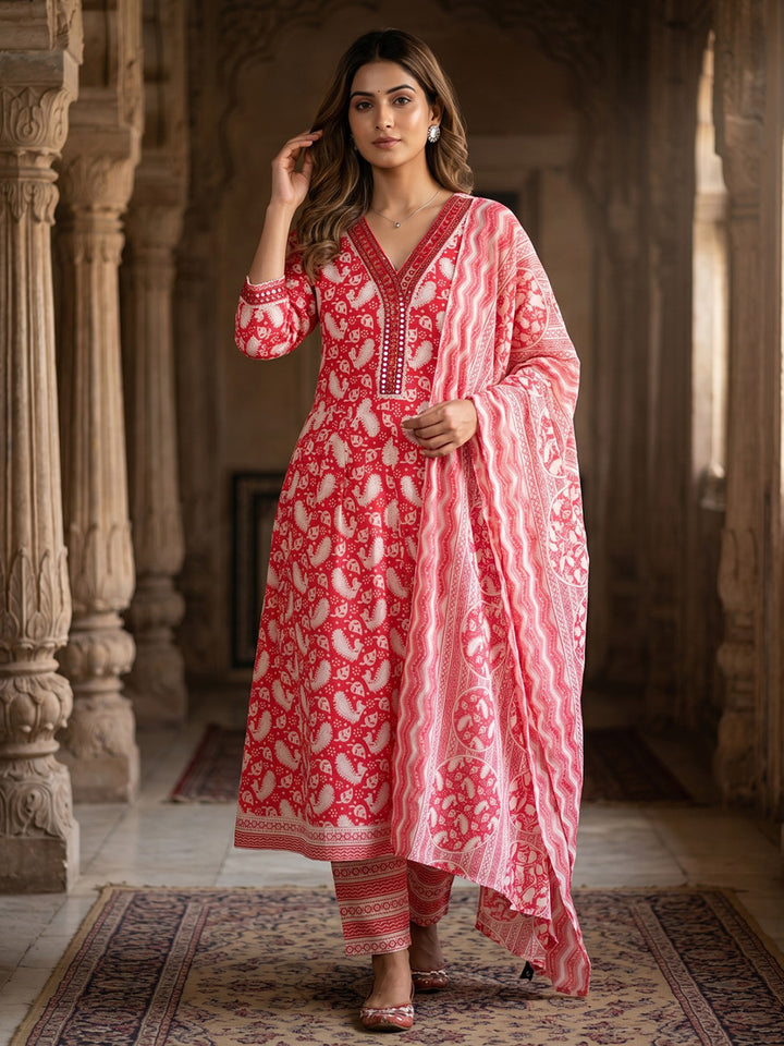 Red Embroidery Cotton Blend Kurta With Pant &amp; Dupatta