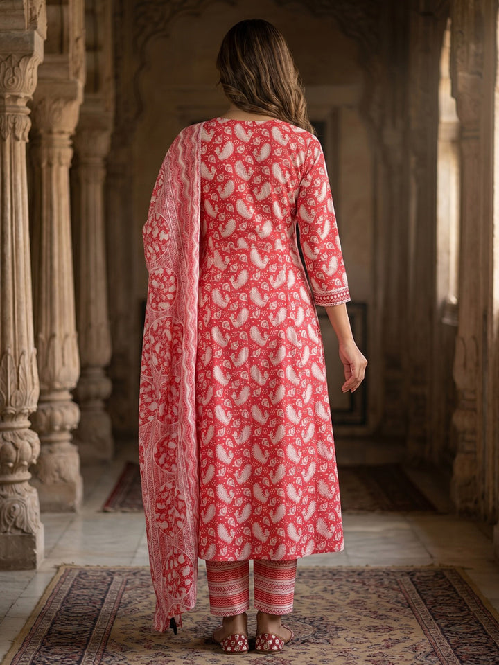 Red Embroidery Cotton Blend Kurta With Pant &amp; Dupatta