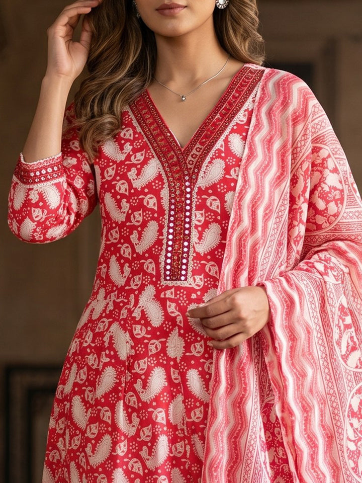 Red Embroidery Cotton Blend Kurta With Pant &amp; Dupatta
